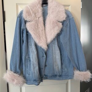 Light Blue Denim Jacket with White Faux Fur Trim (removable)